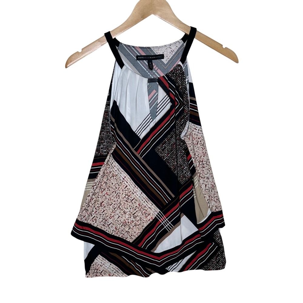 White House Black Market Geometric Print Halter Top size Medium Black/Tan/Red